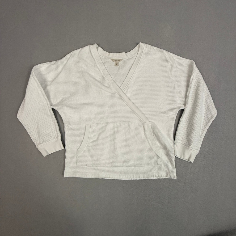 Garnet Hill Organic Cotton Sweatshirt Medium Waffle Knit White Kangaroo Pocket‎